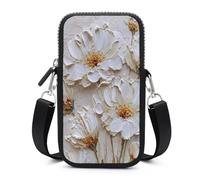 Jubonexis Textured White Floral Daisy Large Botanical Crossbody Mobile Phone Bag Smartphone Bag With Adjustable Strap