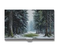 Jubonexis The Road Tall Pine Trees in Winter Business Card Holder, Pocket Slim Metal Business Card Case for Women Men