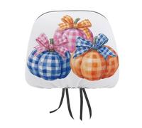 Jubonexis Three Checkered Pumpkins with Bows Printed Car Headrest Cover,2 Pieces, Elastic Comfort Head Rest Cover for Women Men, Universal Fits Most Cars Van SUV Truck, Car Interior Decor Accessories