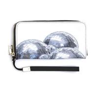 Jubonexis Three Disco Balls Silver Shiny PU Leather Clutch Long Bifold Wallet, Coin Purse Credit Pass Case, Durable Card-Holder Money Storage for Women Men