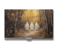 Jubonexis Three White Ghosts Walking Autumn Forest Business Card Holder, Pocket Slim Metal Business Card Case for Women Men