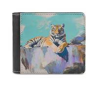 Jubonexis Tiger Laying on Cliff Abstract Soft PU Leather Bifold Wallet, Coin Purse Credit Pass Case, Durable Card-Holder Slim Billfold for Men Woman Money Storage