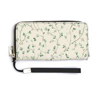 Jubonexis Tiny Sage Green Leaves Curling Across Cream PU Leather Clutch Long Bifold Wallet, Coin Purse Credit Pass Case, Durable Card-Holder Money Storage for Women Men