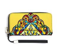 Jubonexis Traditional Religious Symbols on Yellow Stained Glass PU Leather Clutch Long Bifold Wallet, Coin Purse Credit Pass Case, Durable Card-Holder Money Storage for Women Men