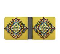 Jubonexis Traditional Religious Symbols on Yellow Stained Glass Soft PU Leather Bifold Wallet, Coin Purse Credit Pass Case, Durable Card-Holder Slim Billfold for Men Woman Money Storage