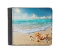 Jubonexis Tropical Beach Golden Sand Shells Starfish Soft PU Leather Bifold Wallet, Coin Purse Credit Pass Case, Durable Card-Holder Slim Billfold for Men Woman Money Storage