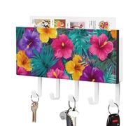 Jubonexis Tropical Floral Hibiscus Flowers Palm Leaves Key Holder for Wall Mail Organizer Wall Mount with 5 Hooks Acrylic Key Rack for Home Office Entryway