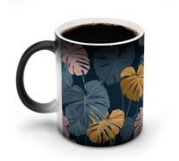 Jubonexis Tropical Leaves Navy Blue and Orange Color Changing Mugs Heat Changing Ceramic Coffee Mug Novelty Funny Tea Water Cup 11OZ