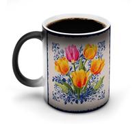 Jubonexis Tulips Yellow Pink in Blue Frame Color Changing Mugs Heat Changing Ceramic Coffee Mug Novelty Funny Tea Water Cup 11OZ