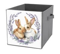 Jubonexis Two Bunnies in Lavender Wreath Cube Storage Bins Storage Cubes Foldable Decorative Fabric Storage Baskets Home Organizers with Handles for Shelves,Closet, 27x27 CM