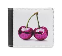 Jubonexis Two Cherries Pink Disco Ball Soft PU Leather Bifold Wallet, Coin Purse Credit Pass Case, Durable Card-Holder Slim Billfold for Men Woman Money Storage