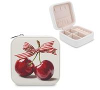 Jubonexis Two Cherries with Red Ribbon Bow Small Jewelry Box Jewelry Organizer Portable PU Leather Mini Travel Jewelry Case
