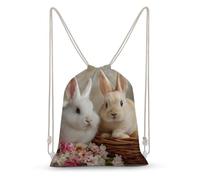 Jubonexis Two Cute Bunnies And Pastel-colored Flowers Drawstring Backpack Canvas String Bag Lightweight Sports Gym Bag for Men Women