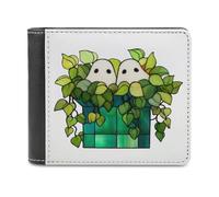 Jubonexis Two Cute Ghosts in Green Plant Pot Soft PU Leather Bifold Wallet, Coin Purse Credit Pass Case, Durable Card-Holder Slim Billfold for Men Woman Money Storage
