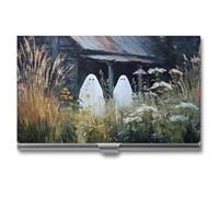 Jubonexis Two Cute Ghosts in The Garden Old House Business Card Holder, Pocket Slim Metal Business Card Case for Women Men