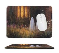 Jubonexis Two Cute Ghosts Old House Wildflowers Mouse Pad, Small Office Computer Mouse Pads for Desk Laptop with Non-Slip Rubber Base Mouse Mat, Gaming Mouse Pads