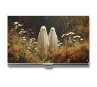 Jubonexis Two Cute Ghosts Walking Wildflowers Field Business Card Holder, Pocket Slim Metal Business Card Case for Women Men