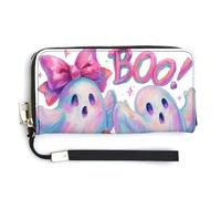 Jubonexis Two Ghosts with Pink Halloween Pumpkin PU Leather Clutch Long Bifold Wallet, Coin Purse Credit Pass Case, Durable Card-Holder Money Storage for Women Men