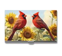 Jubonexis Two Red Birds Perched on Sunflowers Business Card Holder, Pocket Slim Metal Business Card Case for Women Men