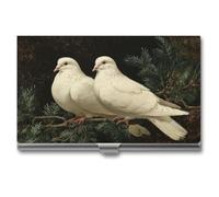 Jubonexis Two White Doves Perched on Evergreen Branch Business Card Holder, Pocket Slim Metal Business Card Case for Women Men