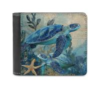 Jubonexis Underwater Sea Turtles Starfish Soft PU Leather Bifold Wallet, Coin Purse Credit Pass Case, Durable Card-Holder Slim Billfold for Men Woman Money Storage