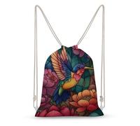 Jubonexis Vibrant Bird Colorful Flowers Stained Glass Drawstring Backpack Canvas String Bag Lightweight Sports Gym Bag for Men Women