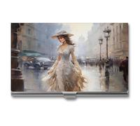 Jubonexis Victorian Woman Walking Paris Streets Business Card Holder, Pocket Slim Metal Business Card Case for Women Men
