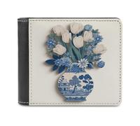 Jubonexis Vintage Blue and White Chinoiserie Vase Soft PU Leather Bifold Wallet, Coin Purse Credit Pass Case, Durable Card-Holder Slim Billfold for Men Woman Money Storage