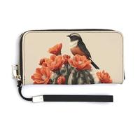 Jubonexis Vintage Cactus and Bird PU Leather Clutch Long Bifold Wallet, Coin Purse Credit Pass Case, Durable Card-Holder Money Storage for Women Men