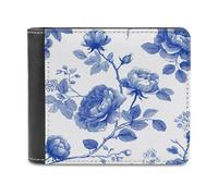 Jubonexis Vintage China Blue Rose Pattern Minimal Soft PU Leather Bifold Wallet, Coin Purse Credit Pass Case, Durable Card-Holder Slim Billfold for Men Woman Money Storage
