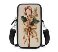 Jubonexis Vintage Christmas Candy Cane with Holly Bow Crossbody Mobile Phone Bag Smartphone Bag With Adjustable Strap