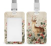 Jubonexis Vintage Christmas Holiday Reindeer Evergreen Sprigs ID Badge Holder Retractable Clip Card Holder Card Protector Name Badge Name Tag for Work Office Doctor Nurse