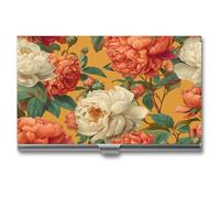 Jubonexis Vintage Floral Peonies Roses on Orange Business Card Holder, Pocket Slim Metal Business Card Case for Women Men