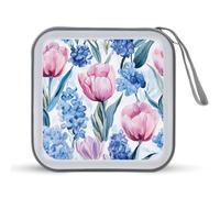 Jubonexis Vintage Floral Pink Blue Tulips Hyacinths CD Case DVD Storage Case Portable for Car Home Travel