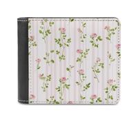 Jubonexis Vintage Floral Pink Rose Stripe Soft PU Leather Bifold Wallet, Coin Purse Credit Pass Case, Durable Card-Holder Slim Billfold for Men Woman Money Storage