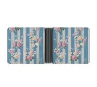 Jubonexis Vintage Florals Soft Dusty Blue Cream Stripes Soft PU Leather Bifold Wallet, Coin Purse Credit Pass Case, Durable Card-Holder Slim Billfold for Men Woman Money Storage