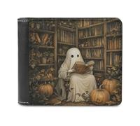 Jubonexis Vintage Ghost Reading Library Bookshelf Soft PU Leather Bifold Wallet, Coin Purse Credit Pass Case, Durable Card-Holder Slim Billfold for Men Woman Money Storage
