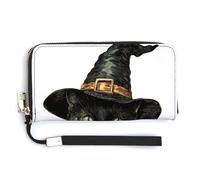 Jubonexis Vintage Halloween Witch Black Cat PU Leather Clutch Long Bifold Wallet, Coin Purse Credit Pass Case, Durable Card-Holder Money Storage for Women Men