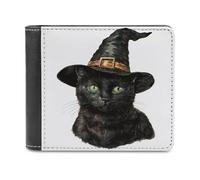 Jubonexis Vintage Halloween Witch Black Cat Soft PU Leather Bifold Wallet, Coin Purse Credit Pass Case, Durable Card-Holder Slim Billfold for Men Woman Money Storage