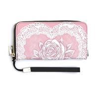 Jubonexis Vintage Heart Rose Pattern with White Lace Border PU Leather Clutch Long Bifold Wallet, Coin Purse Credit Pass Case, Durable Card-Holder Money Storage for Women Men