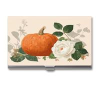Jubonexis Vintage Large Orange Pumpkin White Rose Business Card Holder, Pocket Slim Metal Business Card Case for Women Men