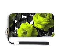 Jubonexis Vintage Neon Green Rose Pattern PU Leather Clutch Long Bifold Wallet, Coin Purse Credit Pass Case, Durable Card-Holder Money Storage for Women Men