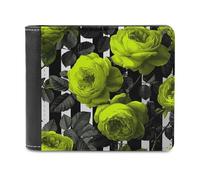 Jubonexis Vintage Neon Green Rose Pattern Soft PU Leather Bifold Wallet, Coin Purse Credit Pass Case, Durable Card-Holder Slim Billfold for Men Woman Money Storage