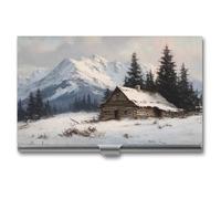 Jubonexis Vintage Old Log Cabin in The Snowy Mountain Business Card Holder, Pocket Slim Metal Business Card Case for Women Men