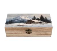 Jubonexis Vintage Old Log Cabin in The Snowy Mountain Wooden Storage Box with Hinged Lid And Front Clasp Large Keepsake Box