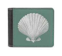 Jubonexis Vintage Scallop Shell on Sage Green Minimal Soft PU Leather Bifold Wallet, Coin Purse Credit Pass Case, Durable Card-Holder Slim Billfold for Men Woman Money Storage