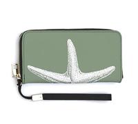 Jubonexis Vintage Starfish on Sage Green Minimal PU Leather Clutch Long Bifold Wallet, Coin Purse Credit Pass Case, Durable Card-Holder Money Storage for Women Men