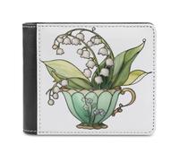 Jubonexis Vintage Teacup in Soft Sage Green Soft PU Leather Bifold Wallet, Coin Purse Credit Pass Case, Durable Card-Holder Slim Billfold for Men Woman Money Storage