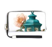 Jubonexis Vintage Teal Lantern with Peonies PU Leather Clutch Long Bifold Wallet, Coin Purse Credit Pass Case, Durable Card-Holder Money Storage for Women Men