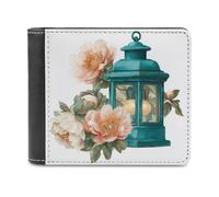 Jubonexis Vintage Teal Lantern with Peonies Soft PU Leather Bifold Wallet, Coin Purse Credit Pass Case, Durable Card-Holder Slim Billfold for Men Woman Money Storage